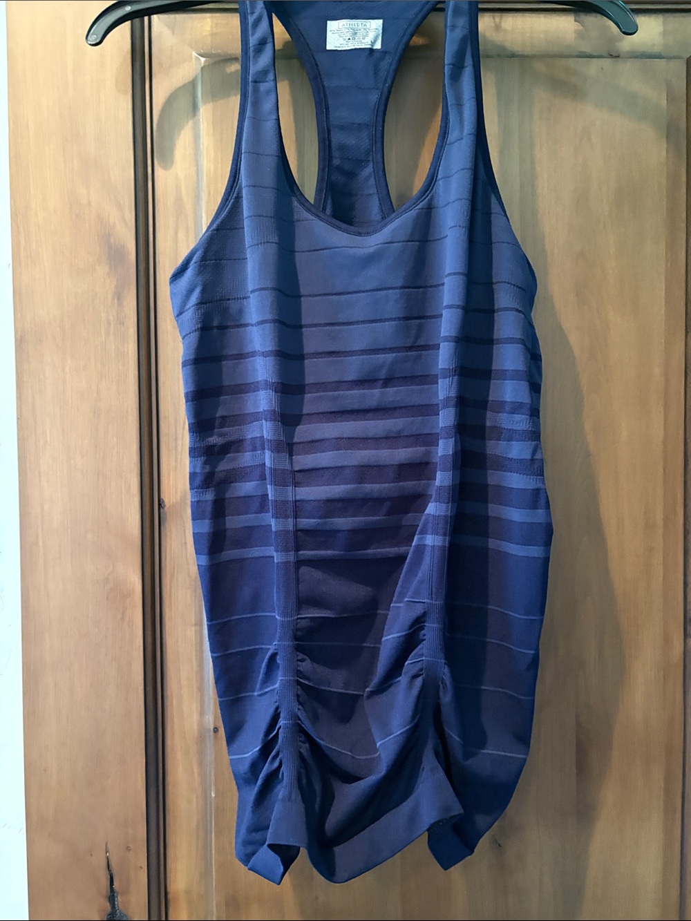 Athleta Navy Striped Racerback Tank with Ruched Hem
